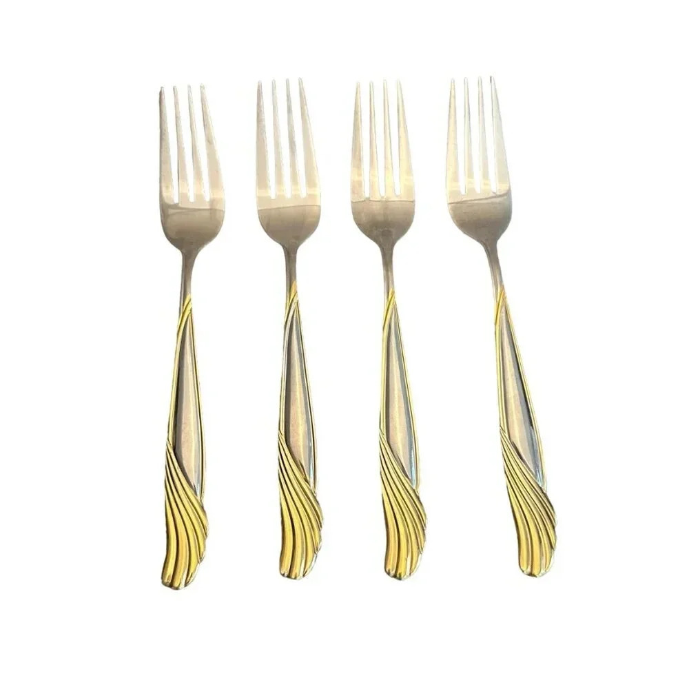 Cambridge Stainless Florentine Set of 4 Dinner Forks Large Silver Gold 7 7/8"